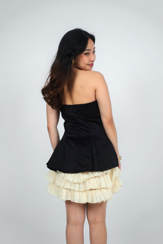 Black Strapless Mini with Ruffle Hem and Bow