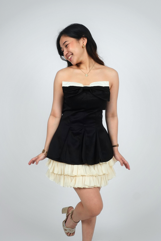 Black Strapless Mini with Ruffle Hem and Bow