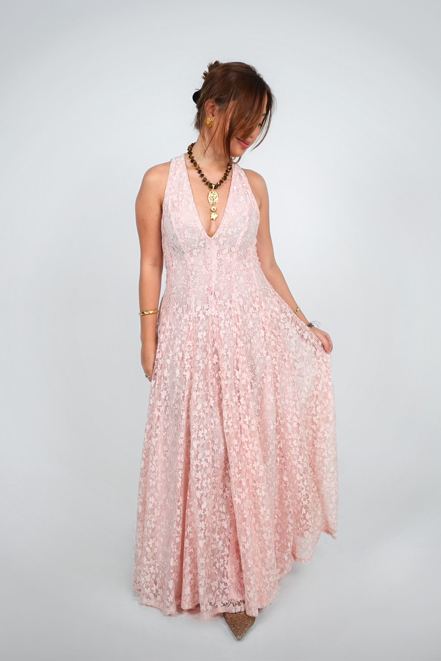 Baby Pink V-Neck Floral Lace Maxi