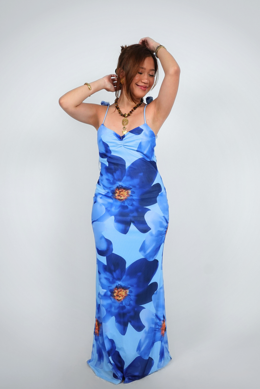 Blue Printed Spaghetti Strap Maxi with Flower Tassels