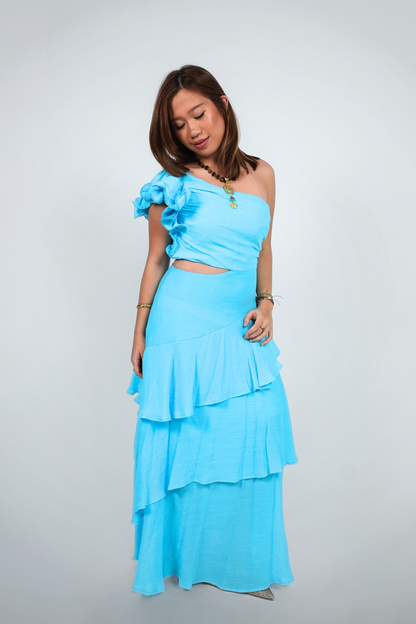 Blue One-Shoulder Ruffled Tiered Maxi Dress