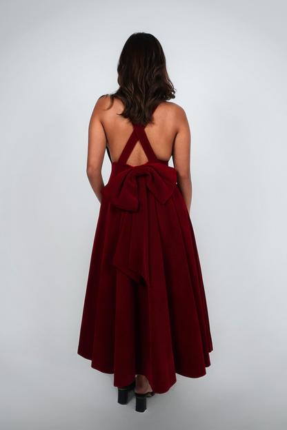 Red Halter Keyhole Velvet Maxi