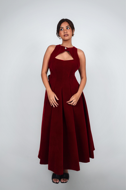 Red Halter Keyhole Velvet Maxi
