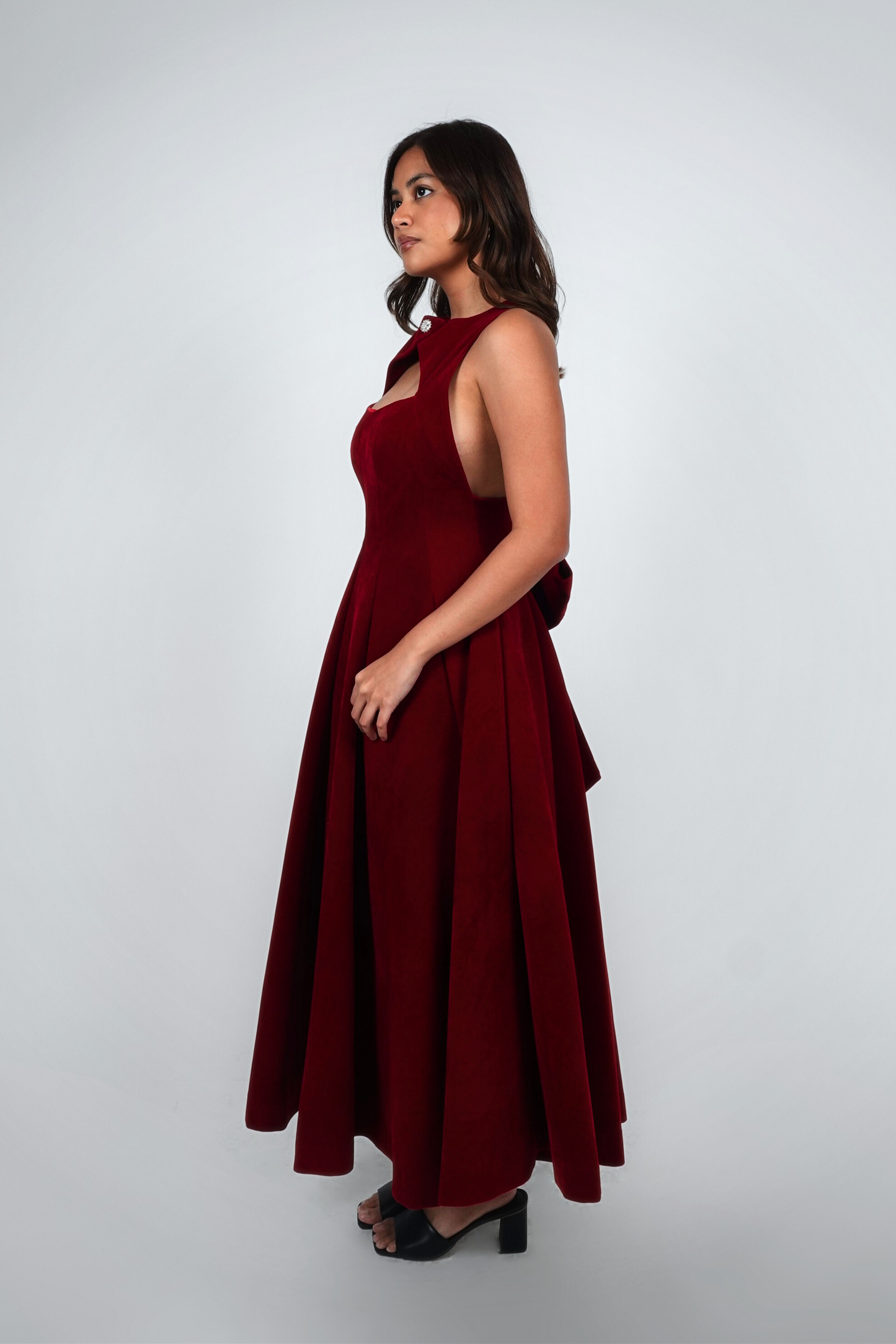 Red Halter Keyhole Velvet Maxi