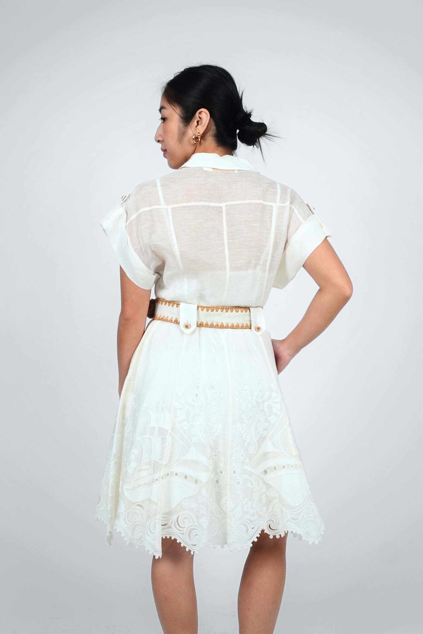 White Button Down Embroidered Midi with Belt