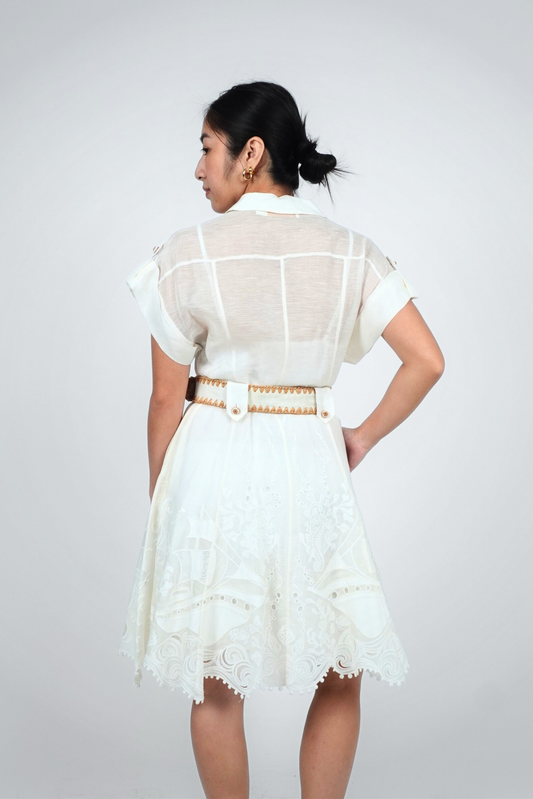 White Button Down Embroidered Midi with Belt