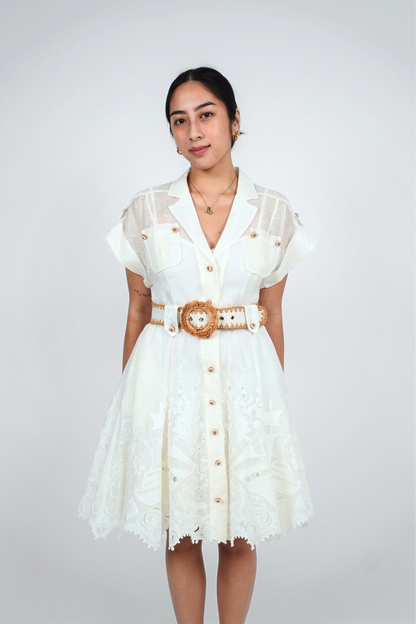 White Button Down Embroidered Midi with Belt