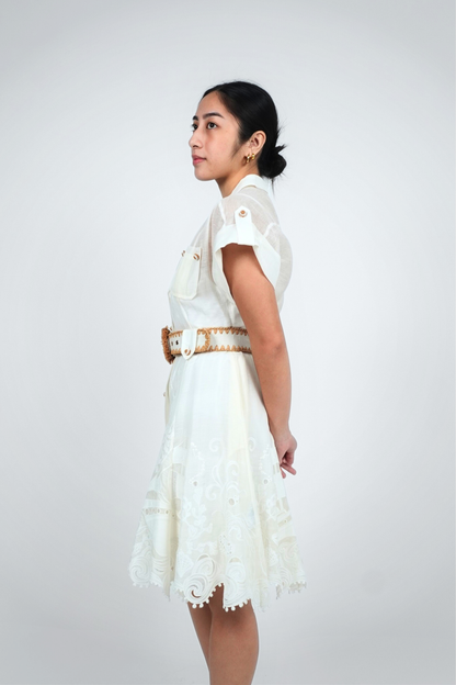 White Button Down Embroidered Midi with Belt