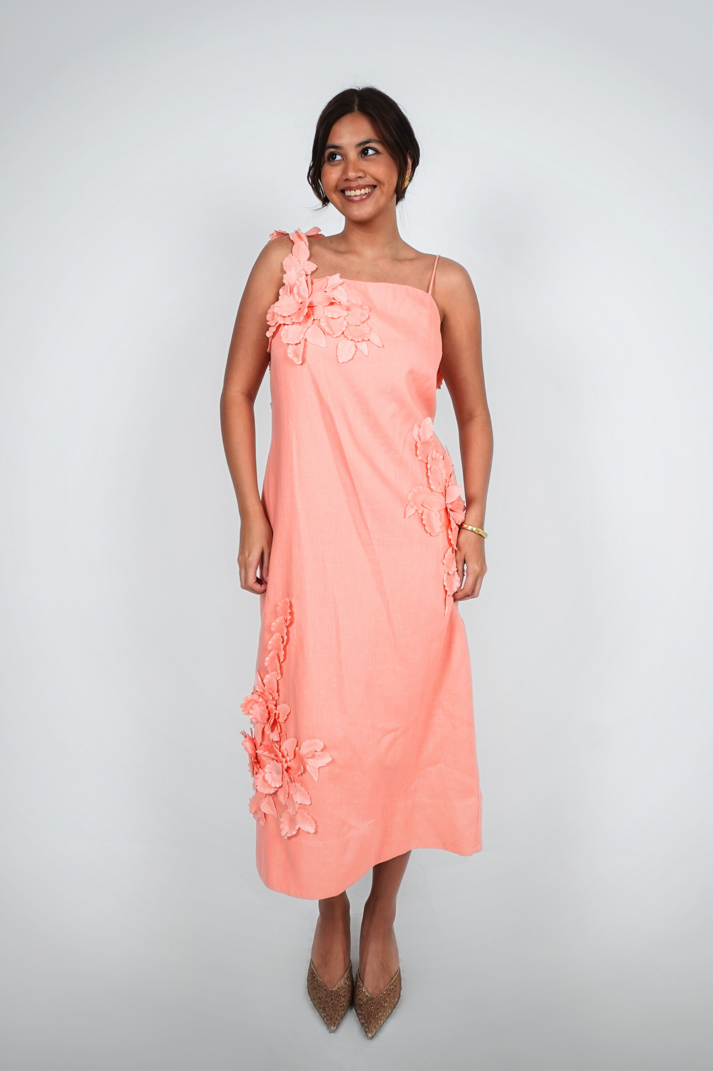 Coral Floral Appliqué Midi