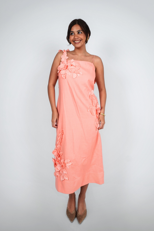 Coral Floral Appliqué Midi