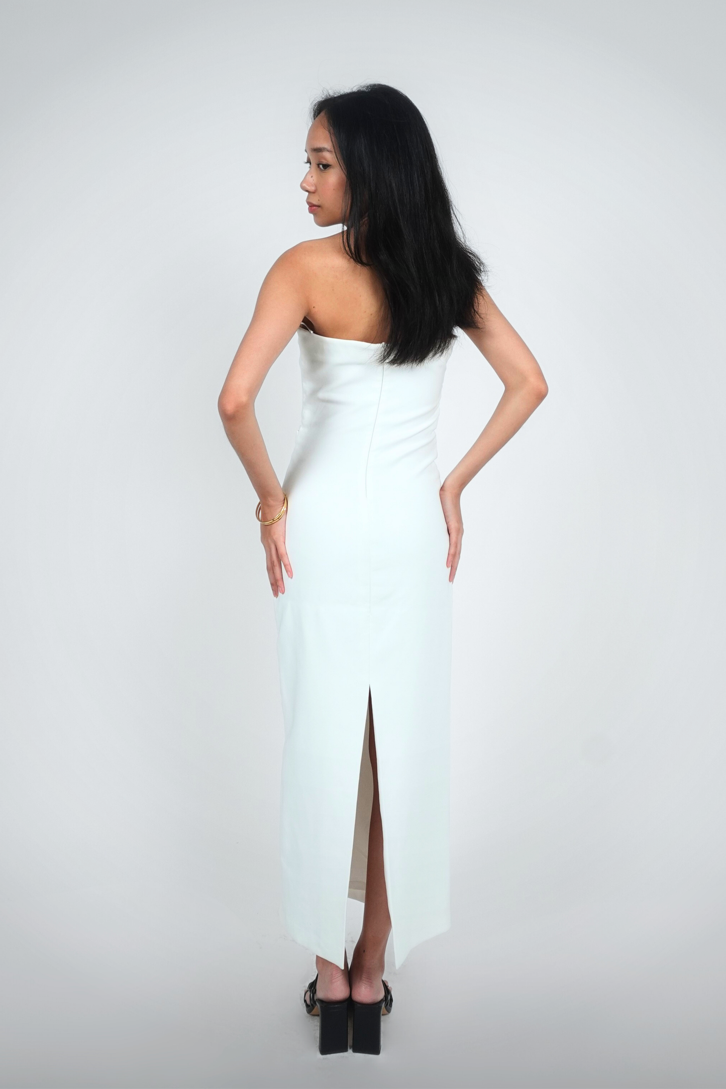 White Strapless Bodycon Midi with Back Slit