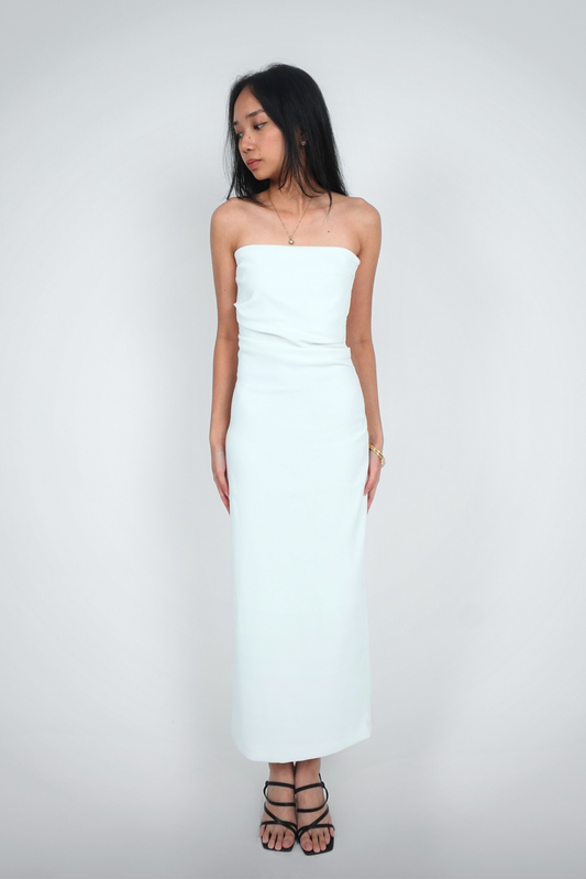 White Strapless Bodycon Midi with Back Slit