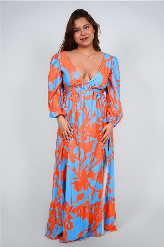 Orange and Blue Long-Sleeve Printed Cut-Out Maxi